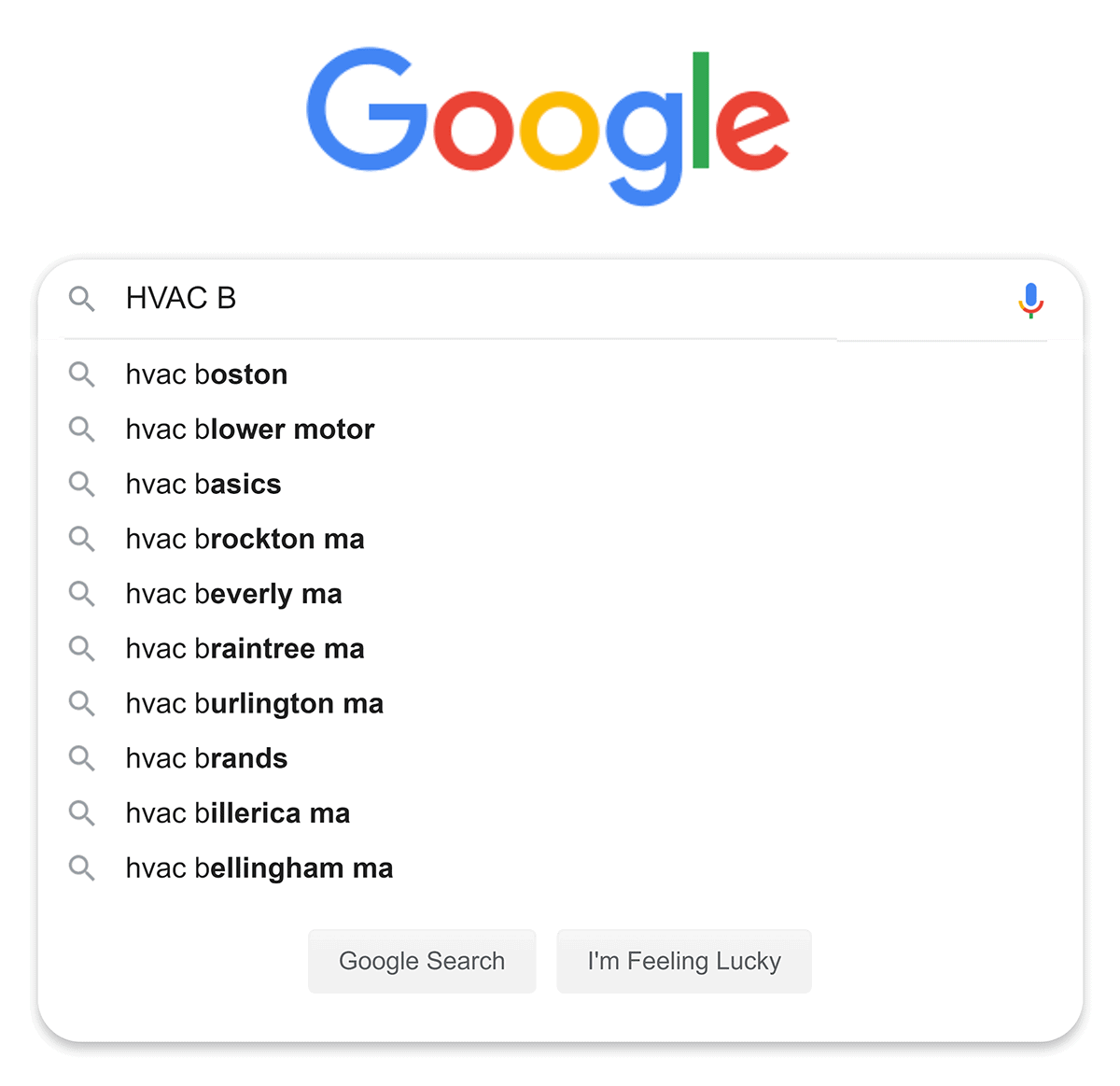 Google 针对本地“HVAC B”搜索的建议