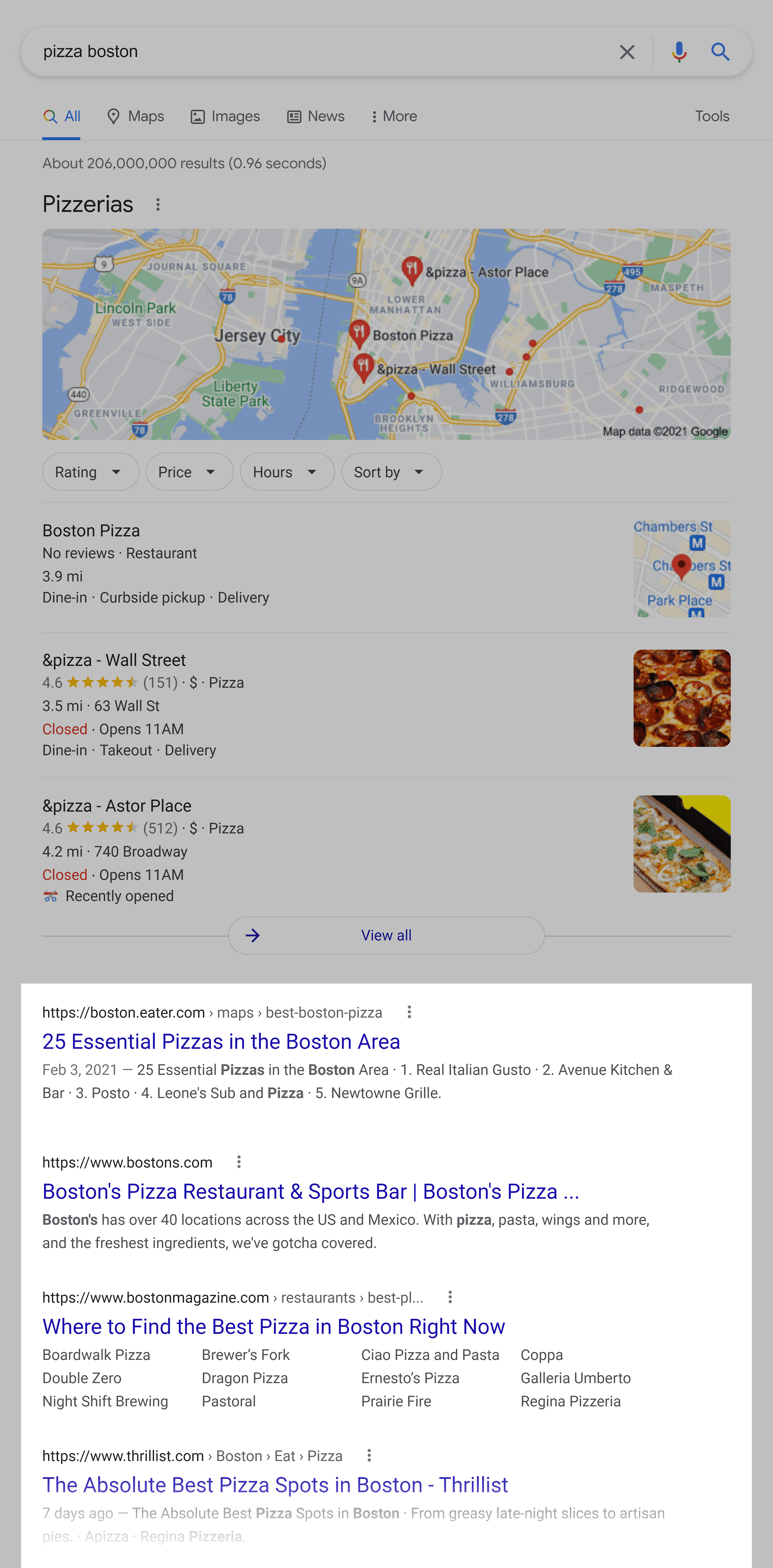 Google SERP – 波士顿披萨