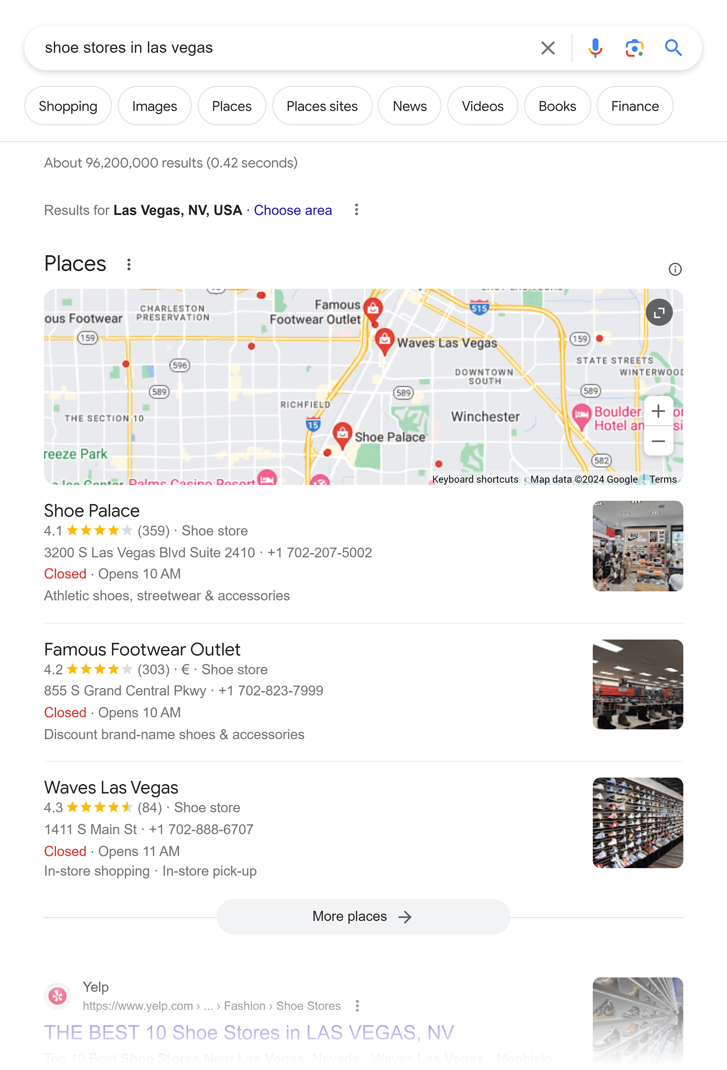 Google SERP – 拉斯维加斯的鞋店